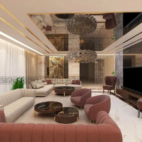 Render of a luxury living room with dusty-rose channel-tufted sofas and armchairs, round black-marble nesting coffee tables, a mirrored gold-trimmed ceiling