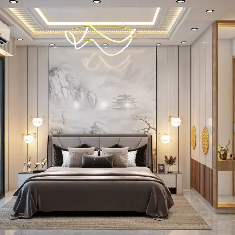 Render of a luxury master bedroom with a large monochrome mountain-landscape mural behind an upholstered grey bed, gold pendant lights flanking the headboard