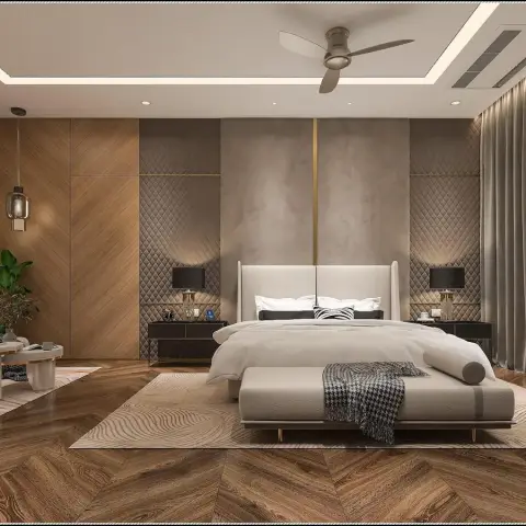 Render of a luxury master bedroom with a wood-panelled wardrobe wall, quilted panels flanking a marble and brass headboard wall, herringbone wood flooring