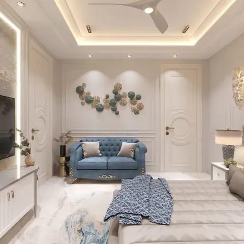 Render of a luxury master bedroom with a marble-clad feature wall, raised panel wall moulding, a cove-lit stepped ceiling