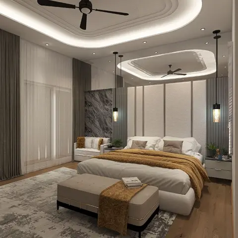 Render of a luxury master bedroom with a stepped cove-lit POP ceiling, an upholstered and fluted-panel headboard wall, twin pendant lights flanking the bed