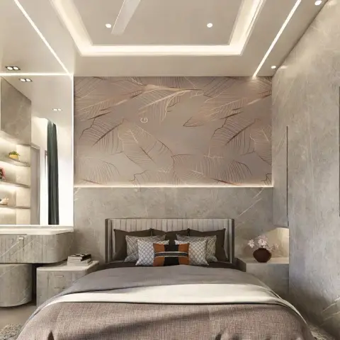 Render of a marble-clad bedroom where a backlit rose-gold leaf-print panel spans the wall above a channel-tufted grey headboard