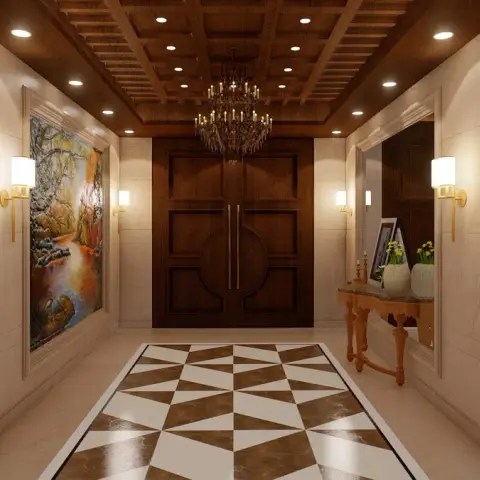 Render of a marble-clad entry foyer running up to a panelled teak double door, under a coffered wood ceiling with a crystal chandelier and a brown-and-ivory