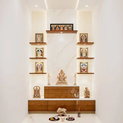Render of a marble-clad pooja alcove with four teak floating shelves stepping up each side holding framed Tanjore deities