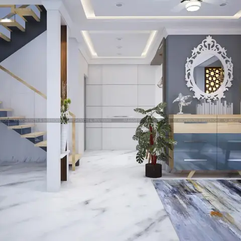 Render of a marble-floored entry-and-dining area with an ornate white carved mirror over a blue-gloss console on splayed oak legs