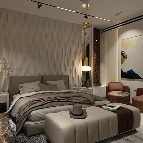 Render of a master bedroom set against a full-height rippled 3D panel wall, with opal globe pendants on brass drops