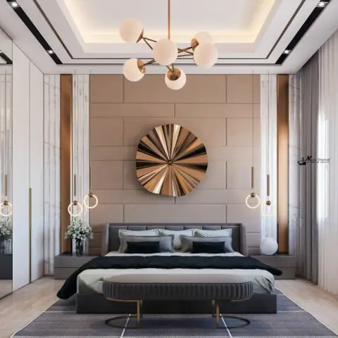 Render of a master bedroom where a grey channel-tufted bed stands against a taupe block-panelled wall under a brass sunburst disc