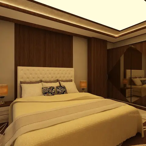 Render of a master bedroom with a tufted cream headboard, wood-panelled wall, backlit ceiling cove, and a diamond-mirror wardrobe.