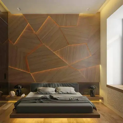 Render of a master bedroom with a dramatic faceted wood panel headboard wall lit by warm LED strip inlays, a low floating platform bed