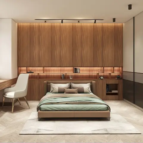 Render of a master bedroom with a full-height walnut panelled headboard wall with backlit display niches, a built-in study desk by the window