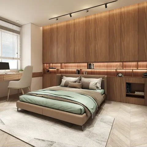 Render of a master bedroom with a full-wall walnut veneer panelled headboard with backlit display niches, a sage-green bed throw, herringbone wood flooring