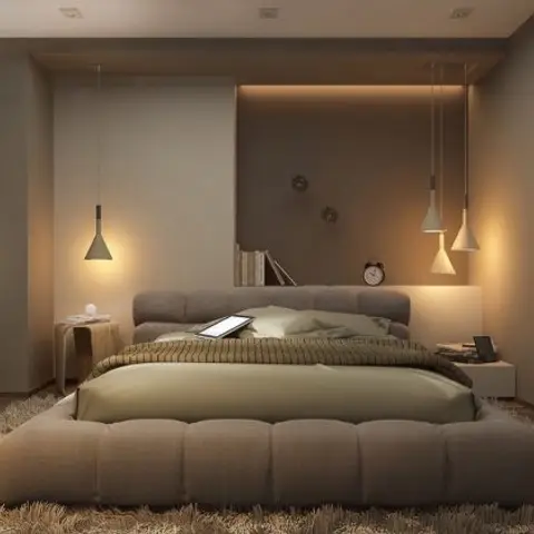 Render of a master bedroom with a channel-tufted platform bed under a lit cove-lit headboard alcove, hanging pendant lights on either side
