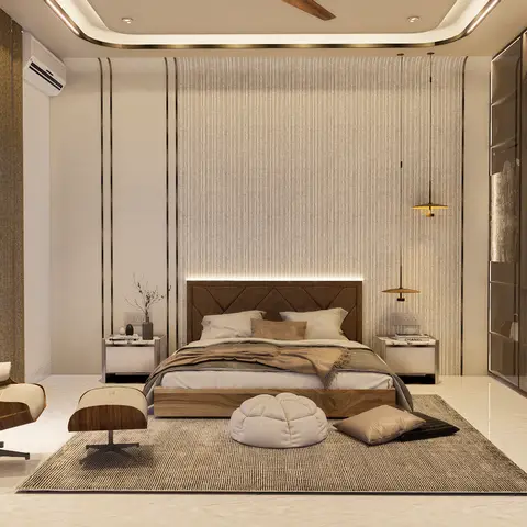 Render of a master bedroom with a leather-tufted wood platform bed against a striped upholstered wall panel, twin pendant lights