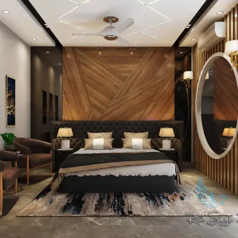 Render of a master bedroom with a chevron-laid wood veneer headboard wall, deep-buttoned charcoal bed