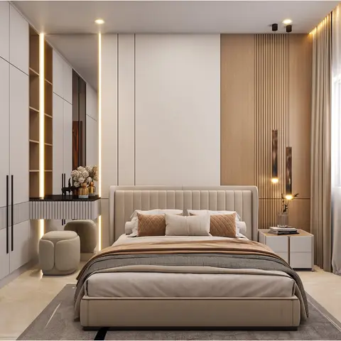 Render of a master bedroom with a channel-tufted beige bed against a fluted wood accent wall, a glass-shutter wardrobe wall