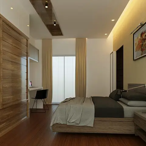 Render of a master bedroom with a full-height horizontal wood-plank feature wall, a built-in study nook, mustard curtains, and dark wood flooring.