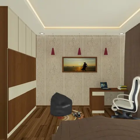 Render of a master bedroom with a two-tone wood wardrobe, damask wallpaper feature wall with three pendant lights