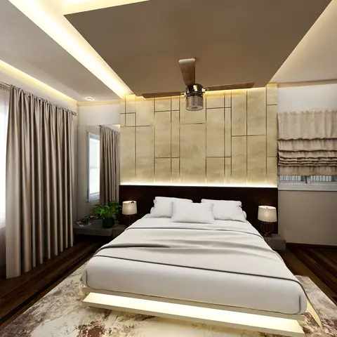 Render of a master bedroom with a gold-panelled feature wall behind a dark leather headboard, a backlit floating bed platform, and dark wood flooring.