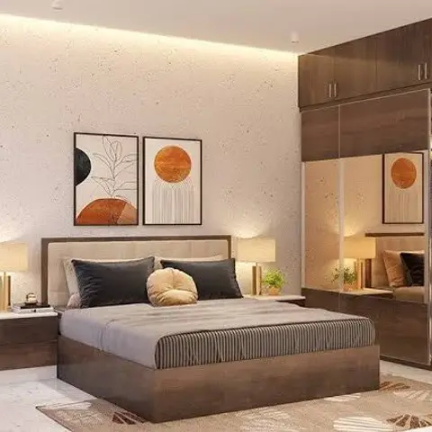 Render of a master bedroom with a speckled textured accent wall behind the bed, a mirrored wardrobe with open shelving, and warm cove ceiling lighting.