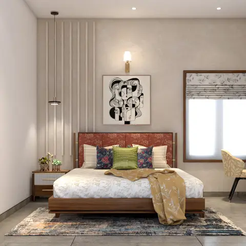 Render of a master bedroom with a terracotta channel-tufted headboard, a fluted accent wall behind it, a graphic face-print artwork