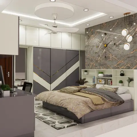 Render of a master bedroom with a gold-veined marble headboard wall, chevron-pattern wardrobe and a built-in study desk