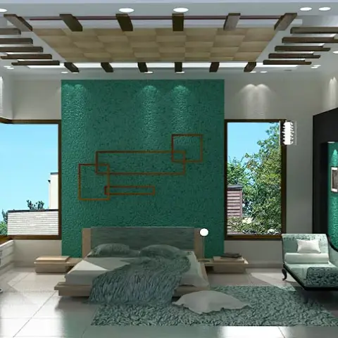 Render of a master bedroom with a textured emerald accent wall behind the headboard, a wood-batten false ceiling, and a matching upholstered chaise lounger.