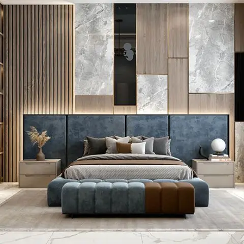 Render of a master bedroom with a slate-blue upholstered headboard wall, marble-and-wood panelling and a two-tone tufted bench