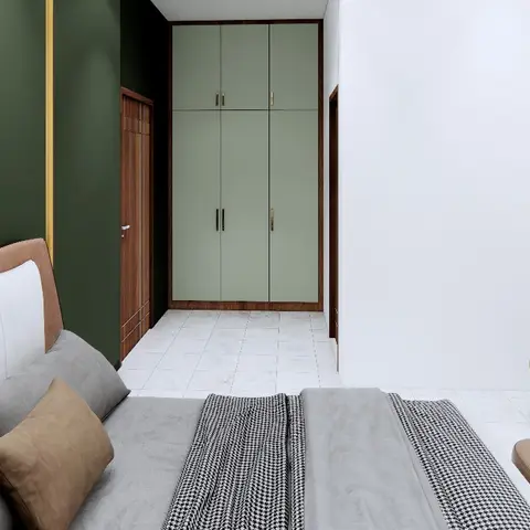 Render of a master bedroom with a dark green gold-striped headboard wall, a sage green wardrobe, and a fluted-panel dressing nook with a round mirror.