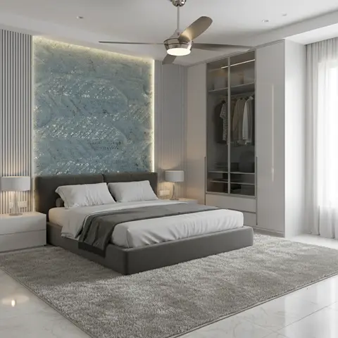Render of a master bedroom with a backlit blue-grey agate-textured headboard wall, a grey upholstered bed, a glass-front wardrobe, and a plush grey rug.