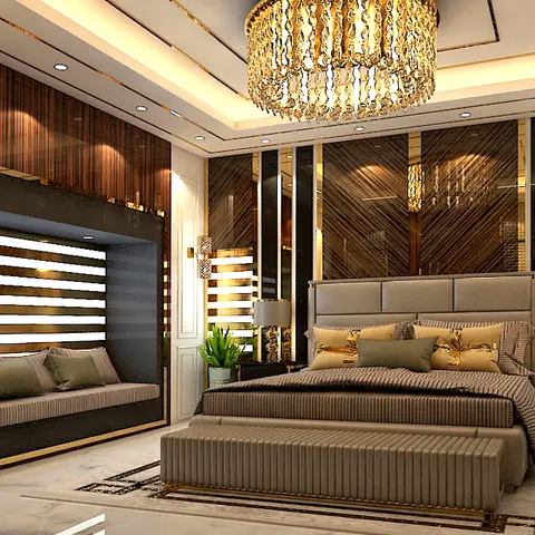 Render of a master bedroom with a crystal drum chandelier, striped gold-and-mirror feature wall panels, a built-in dark-wood daybed nook