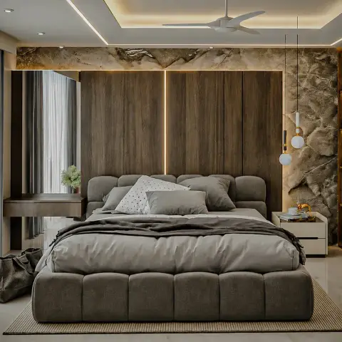 Render of a master bedroom with a raw marble slab feature wall beside a dark wood panelled headboard backdrop lit by a vertical LED strip