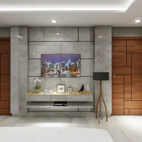 Render of a master bedroom with a grey stone-panel TV wall flanked by wood-panelled wardrobes, a floating console, and a black tripod floor lamp.