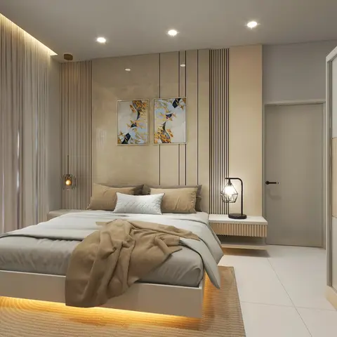 Render of a master bedroom with a fluted wood-panelled headboard wall, a floating platform bed underlit with LED glow, and matching floating nightstands.