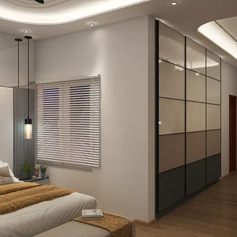 Render of a master bedroom with a padded fabric headboard wall, a multi-tone sliding wardrobe, and a cove-lit curved false ceiling.