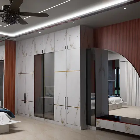 Render of a master bedroom with a marble-finish wardrobe wall featuring glass insert doors, a rust fluted-panel backdrop, and a large arched dresser mirror.