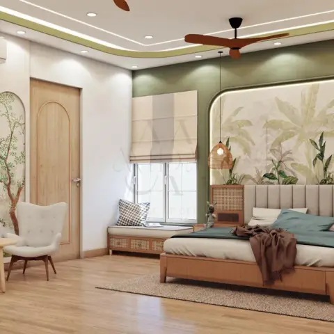 Render of a master bedroom with a botanical mural accent wall, rattan pendant lights, a green cove ceiling, and a built-in cane-panelled window seat.