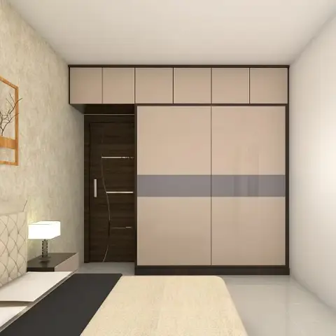 Render of a master bedroom with a beige sliding-door wardrobe with a grey accent band, textured wallpaper behind a tufted headboard, and abstract wall art.