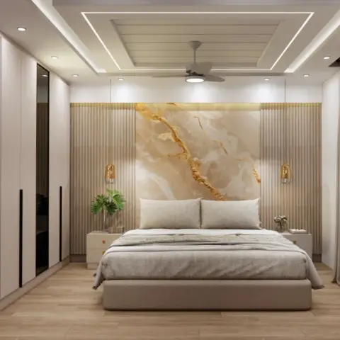 Render of a master bedroom with a dramatic gold-veined marble headboard panel flanked by fluted wall panelling, brass pendant lights