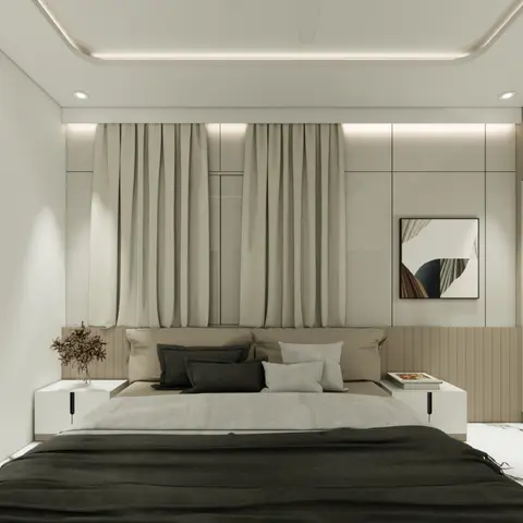 Render of a master bedroom with a fluted upholstered headboard wall, floor-to-ceiling curtains, a cove-lit ceiling border, a glossy two-tone wardrobe wall