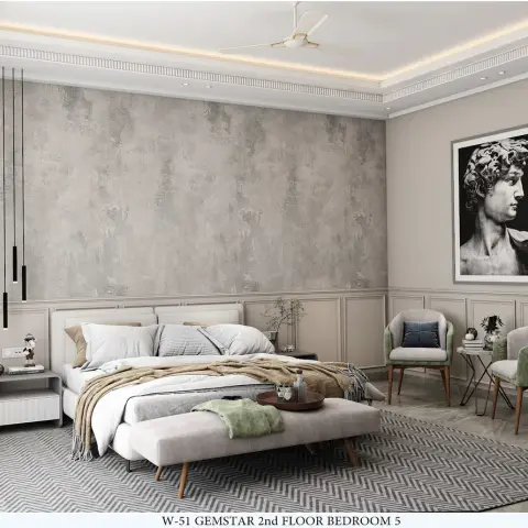 Render of a master bedroom with a raw concrete-textured accent wall, panel-moulded wainscoting, a black-and-white classical bust print, linear drop pendants
