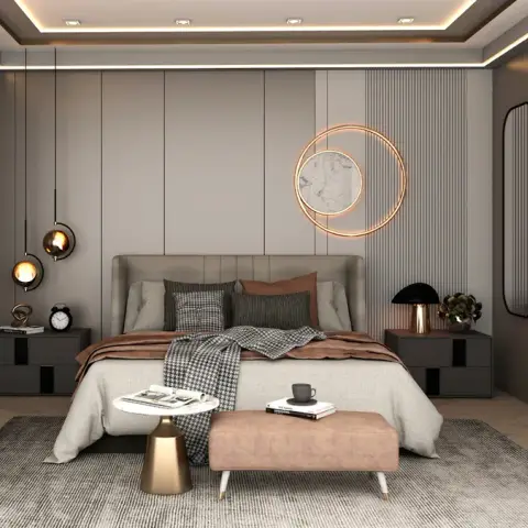 Render of a master bedroom with a channel-panelled upholstered headboard wall, a backlit round mirror art piece, black pendant lights