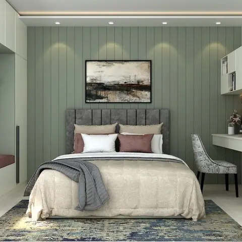 Render of a master bedroom with sage-green vertical wall panelling behind a channel-tufted grey upholstered bed, framed art above the headboard
