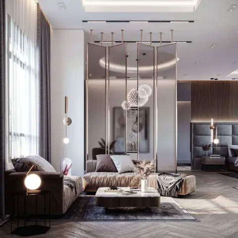 Render of a master suite where a ceiling-hung brass-framed mirrored folding screen divides a taupe velvet lounge with a round stone-topped coffee table from