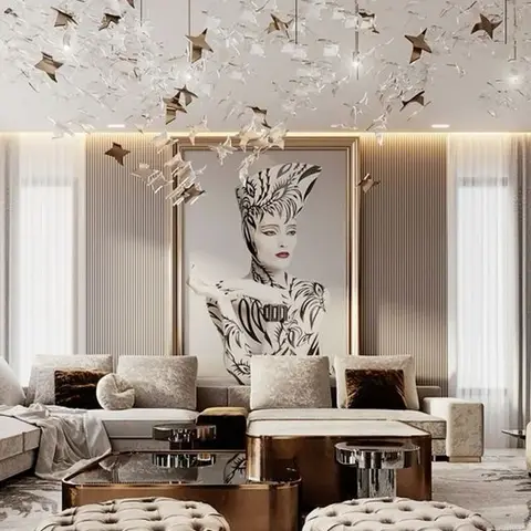 Render of a maximalist living room with a sculptural crystal-and-bronze chandelier over tufted velvet ottomans and a bronze-framed coffee table beneath a large