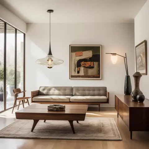 Render of a mid-century living room with a walnut-frame tufted sofa, tapered-leg walnut coffee table and a smoked-glass teardrop pendant beside full-height