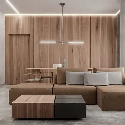 Render of a minimalist living room with full-height oak slat wall panelling, a linear pendant light over a two-tier walnut and black coffee table