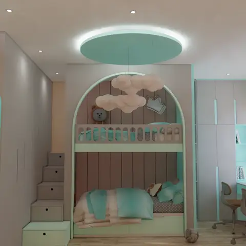 Render of a mint kids' room built around an arched bunk alcove with a drawer-tread staircase, a cloud mobile hanging from an oval cove-lit ceiling disc