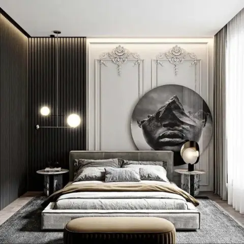 Render of a monochrome bedroom where a black fluted slat wall meets a white moulded panel wall with rococo appliques