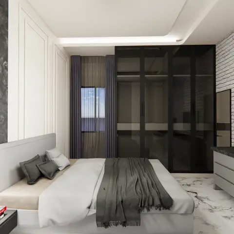 Render of a monochrome bedroom with a black glossy sliding wardrobe, white brick-effect accent wall, and a grey marble-textured feature wall behind the bed.