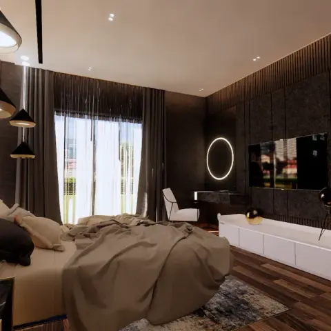 Render of a moody bedroom with a stone-clad headboard wall, black cluster pendant lights, a backlit round mirror